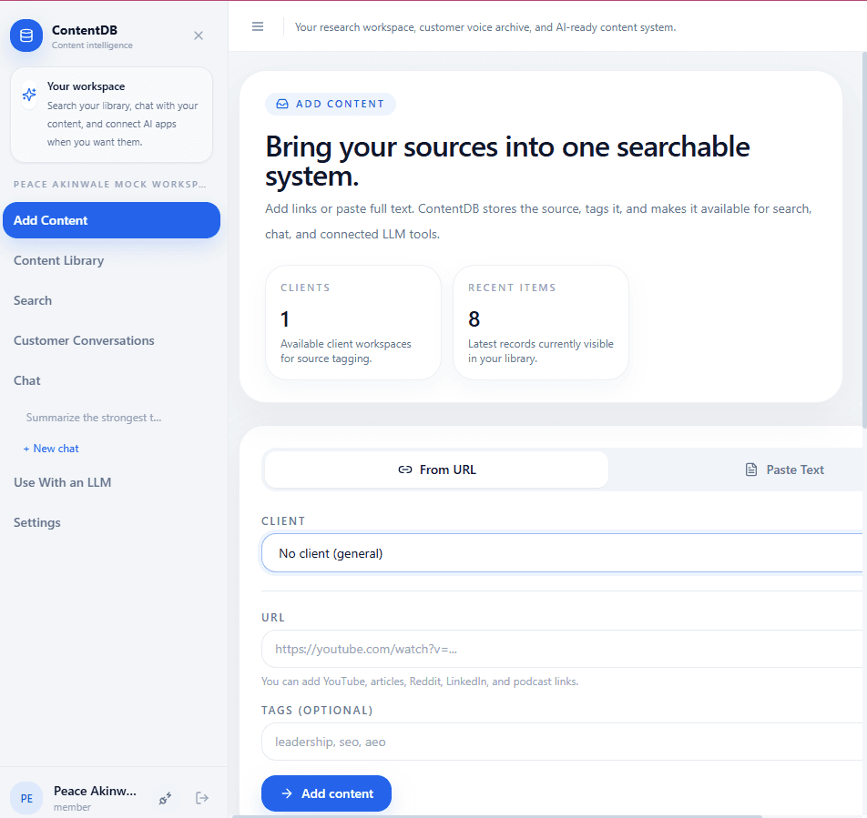 contentDB add content screen with URL input, client tagging, and source ingestion form