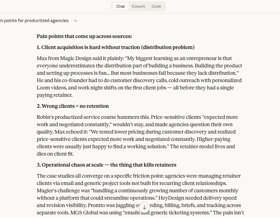 Grounded contentDB output showing pain points surfaced across sources