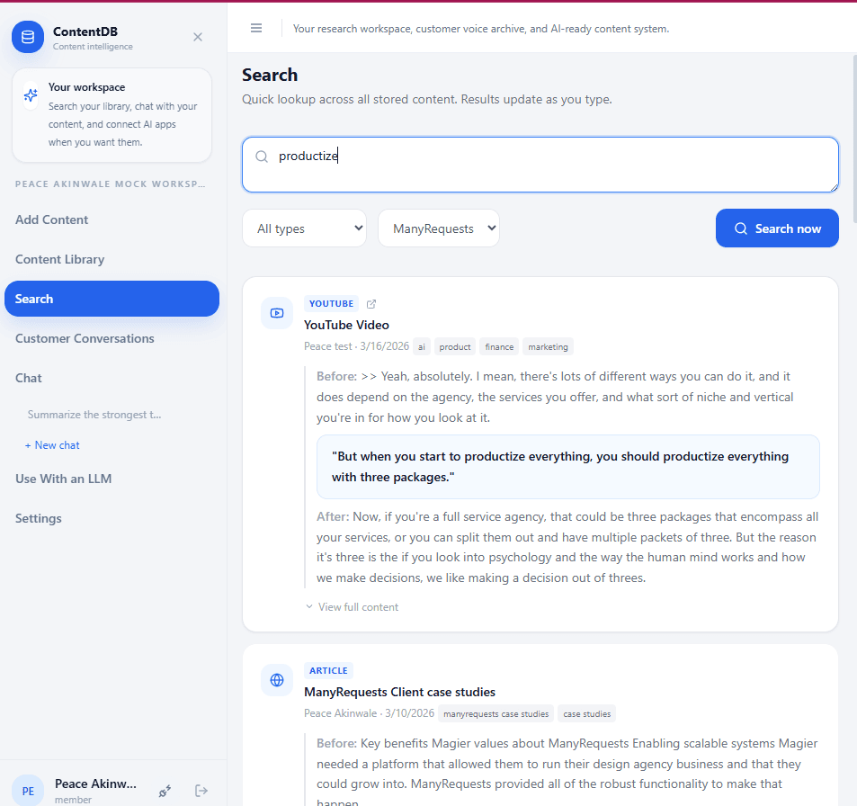 contentDB search results showing quote context before and after the matched passage