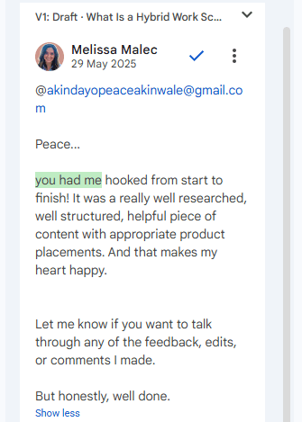Screenshot of Melissa Malec praising the research, structure, and product placements in the article.