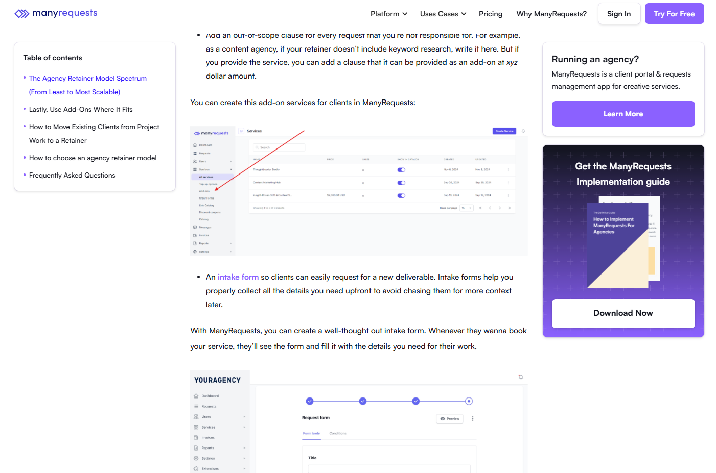 ManyRequests product shown inside the Agency Retainer Model article