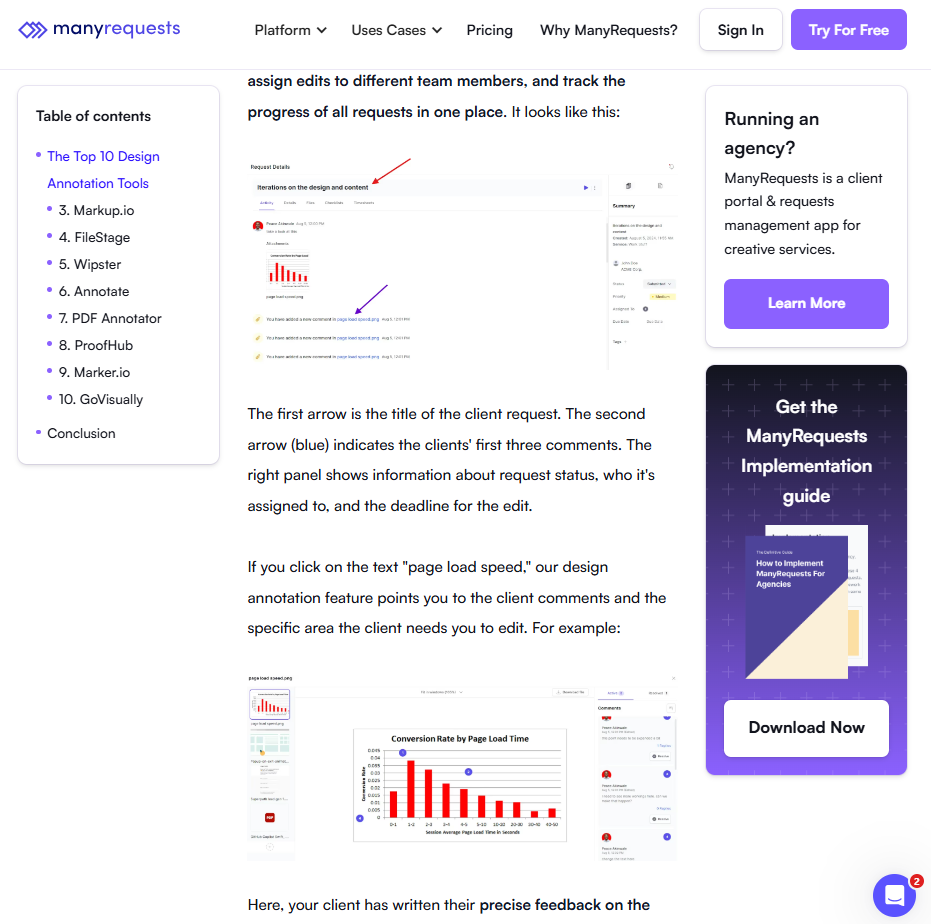 ManyRequests product shown inside the Design Annotation Tools article