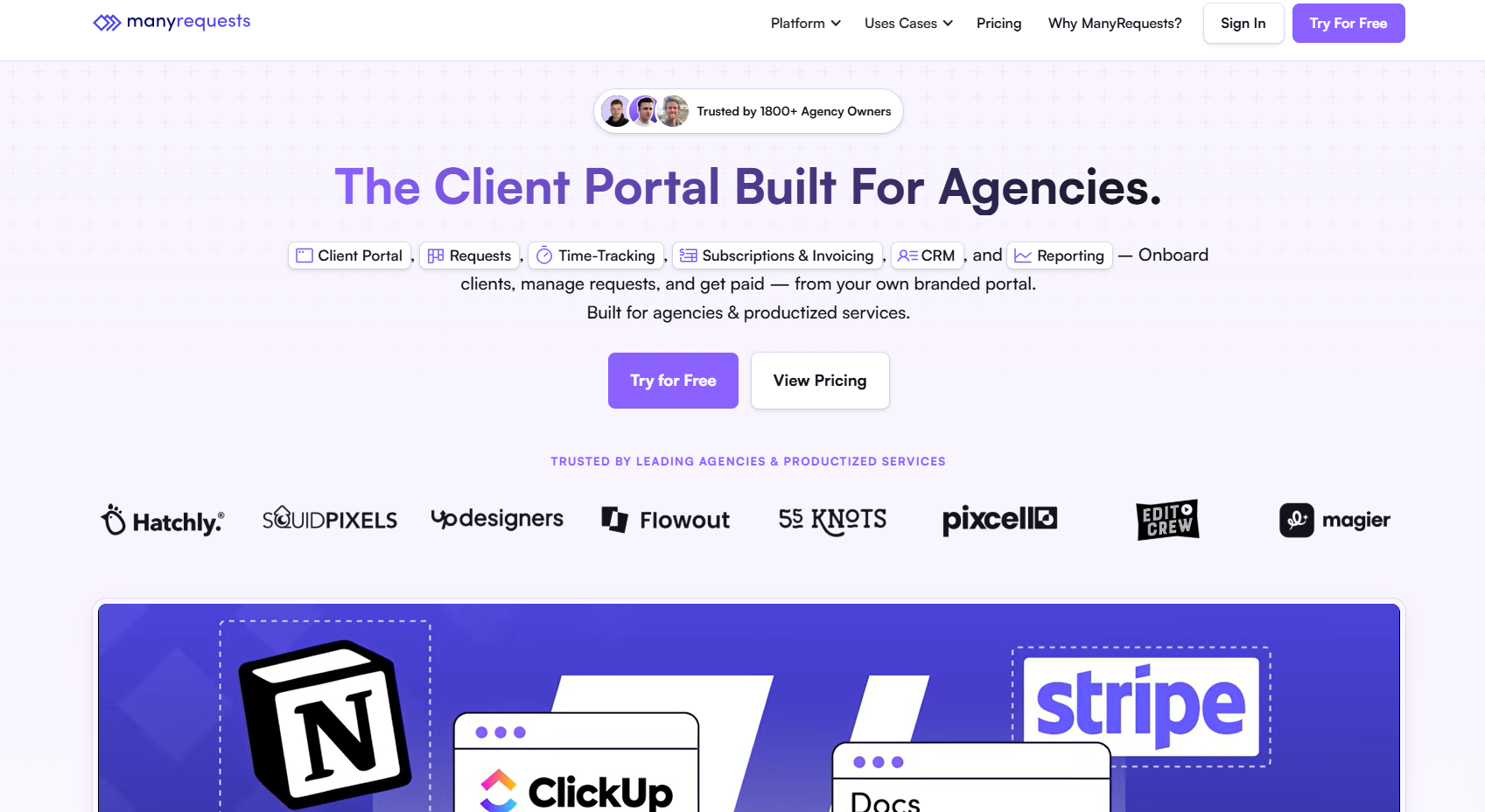 ManyRequests homepage — the client portal built for agencies