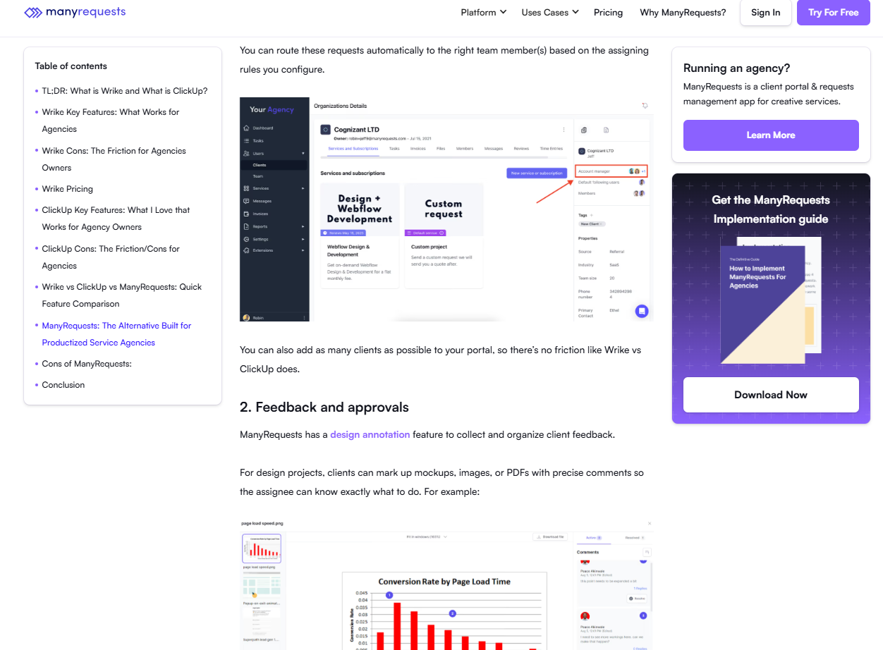 ManyRequests product shown inside the Wrike vs ClickUp article