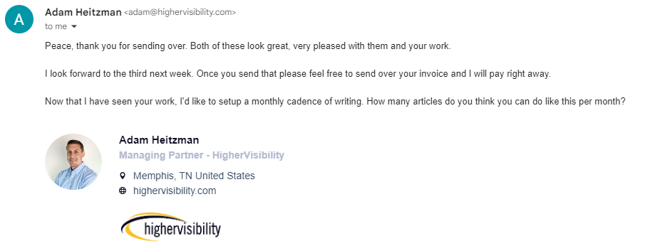 Screenshot of Adam Heitzman praising the work and asking to set up a monthly writing cadence.