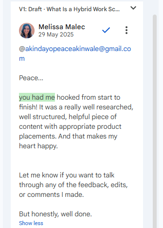 Screenshot of Melissa Malec praising the research, structure, and product placements in the article.